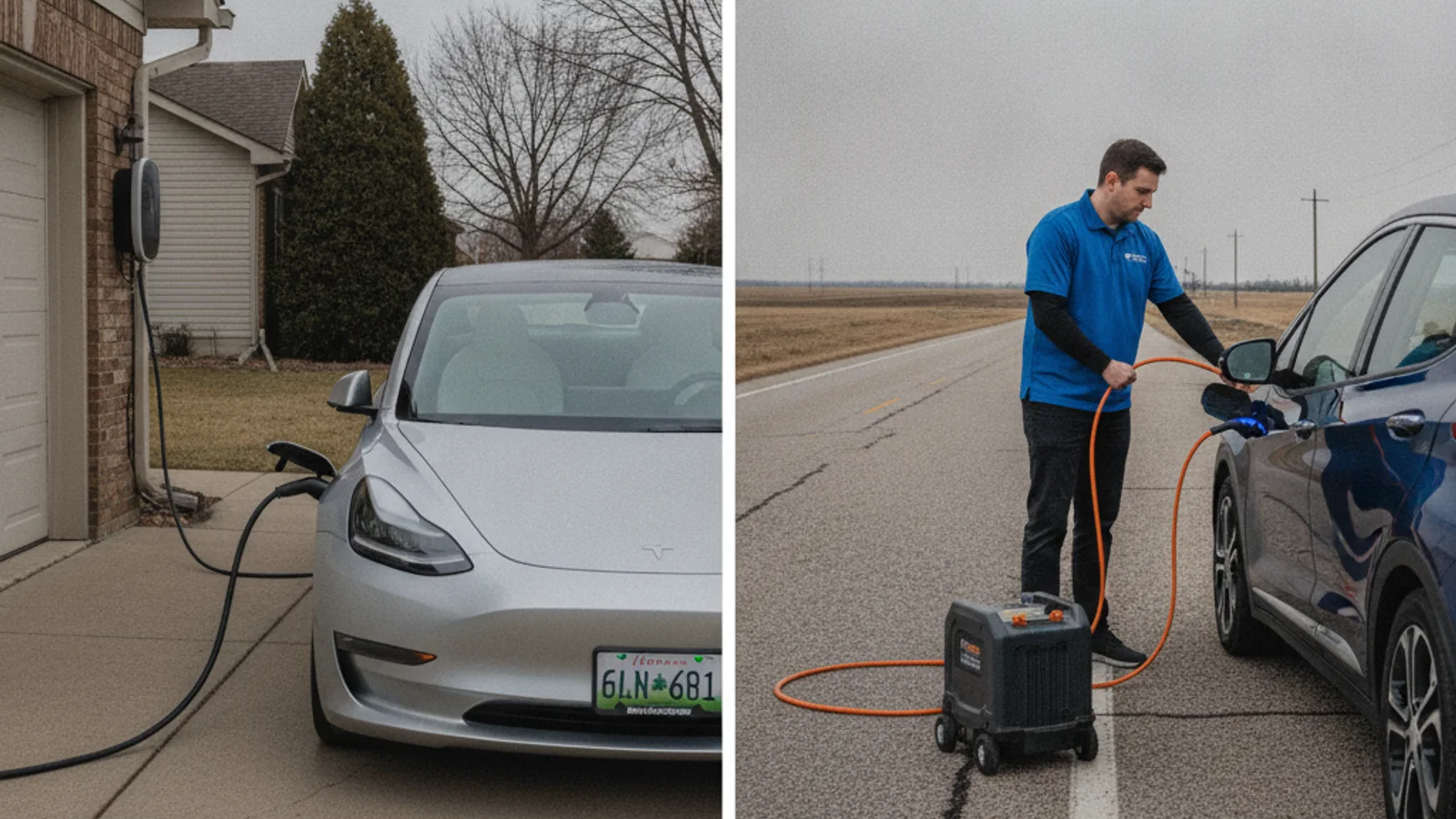 An EV at a home wall charger beside a second EV stopped on a roadside shoulder