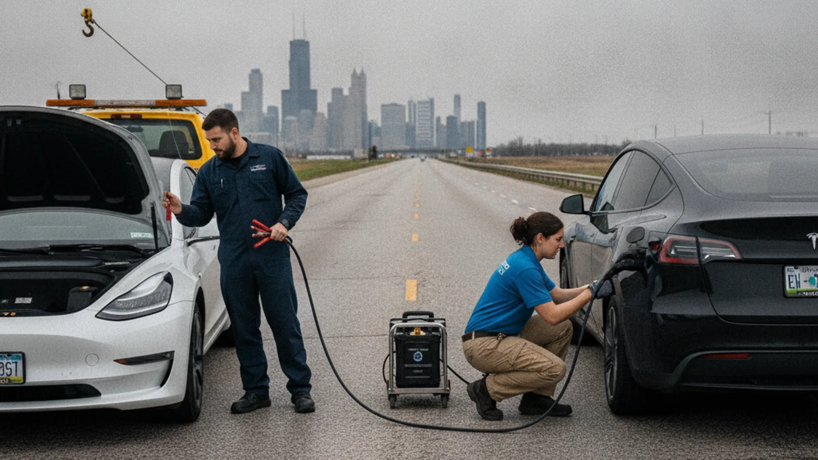Split-screen photo of a tow truck on the left and a mobile EV rescue van on the right