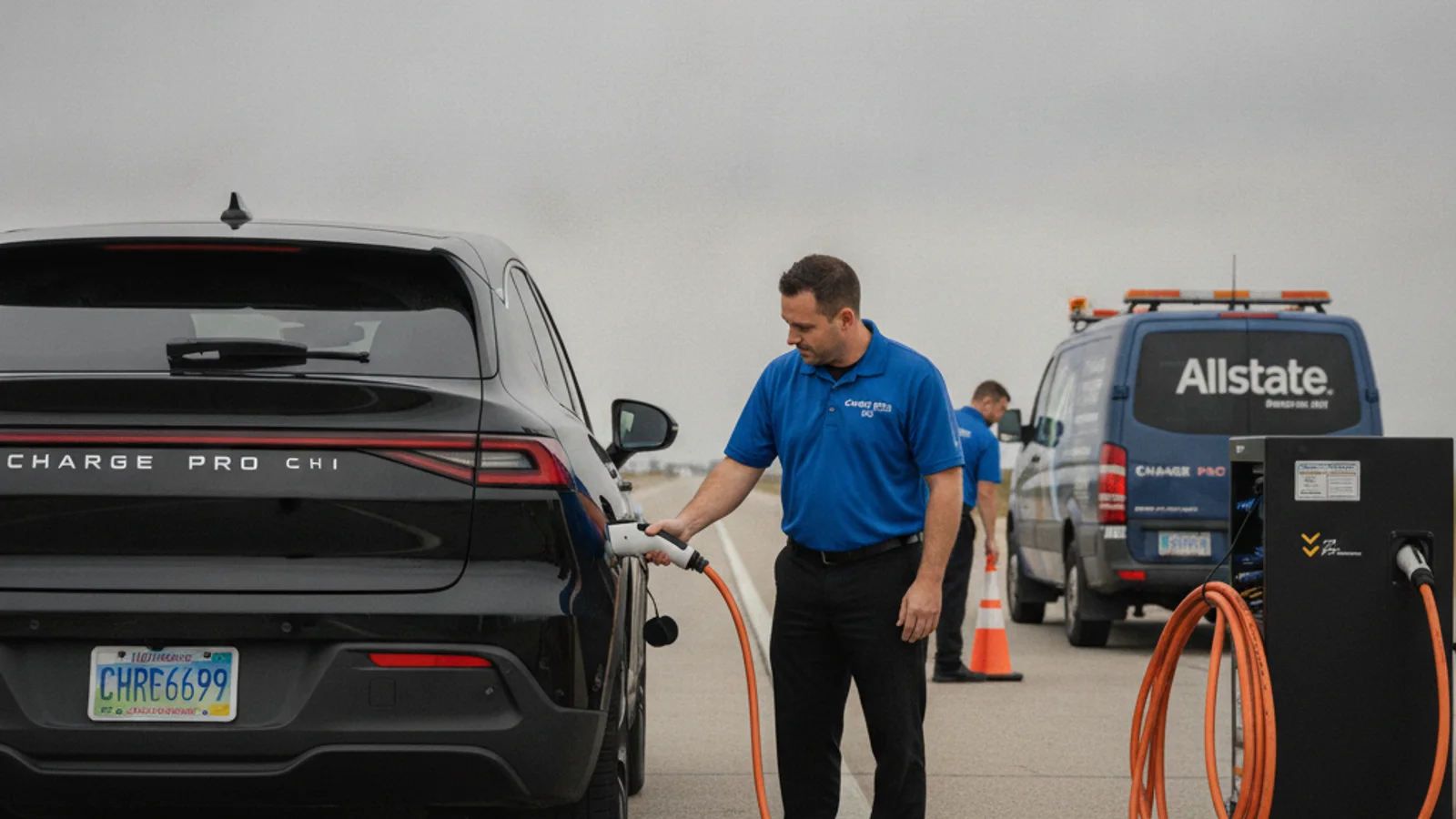 Split view of a flatbed loading an EV and a mobile charging van plugged into another EV