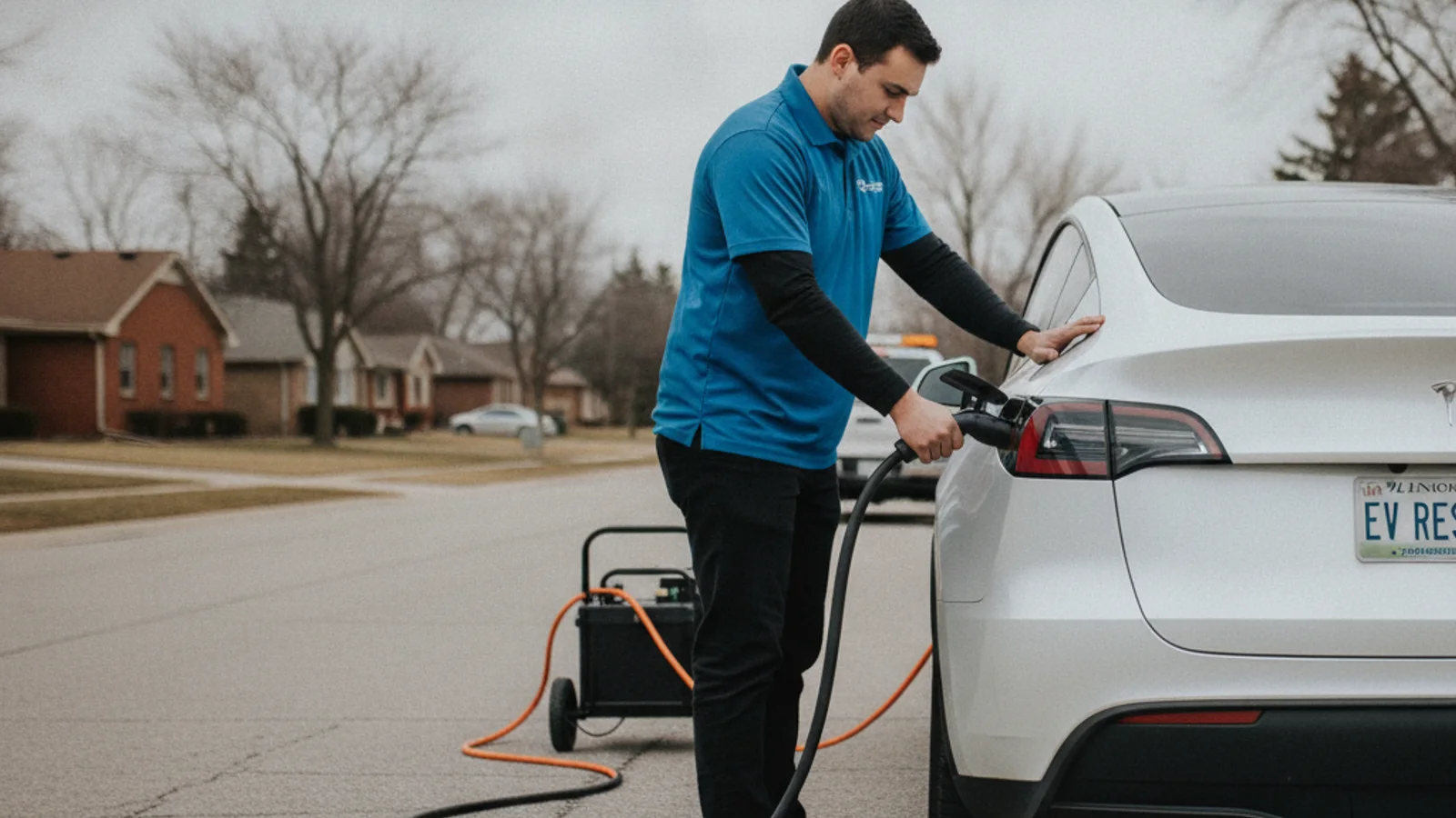 Split photo of a wall-mounted home battery with a red X, and a mobile charging truck helping a stranded EV with a green check