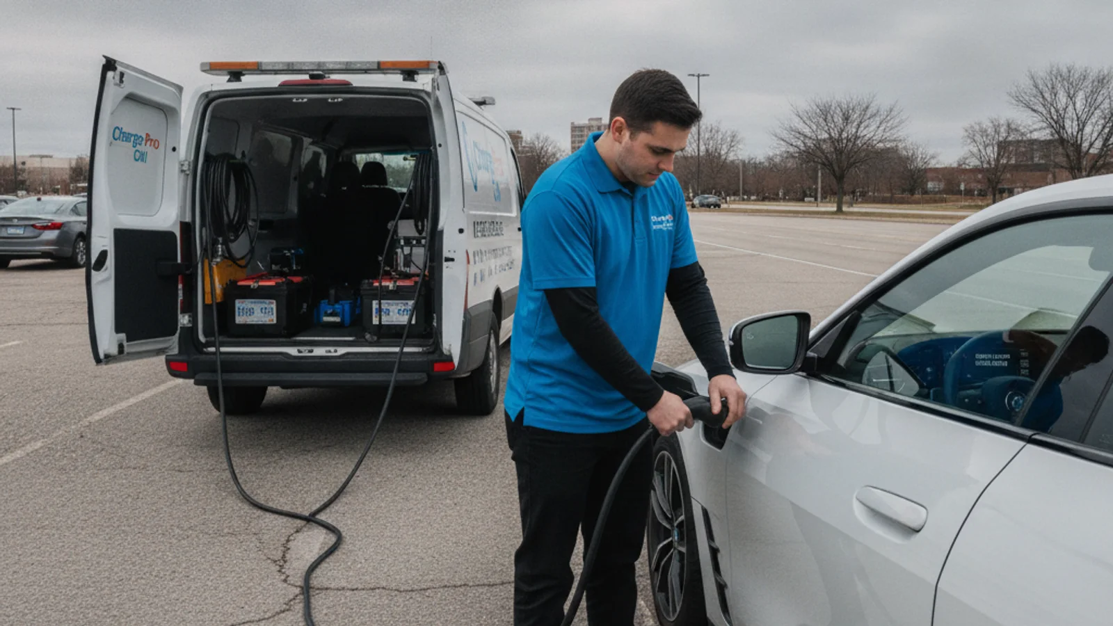 Dark EV cabin and closed hood during a roadside 12-volt battery rescue