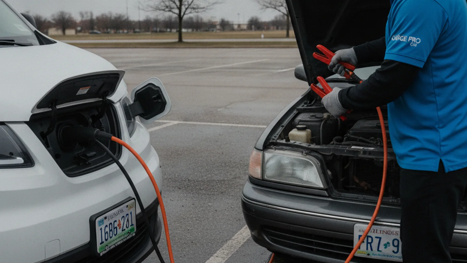 Jumper cable clamps attached to a 12-volt battery under an open hood