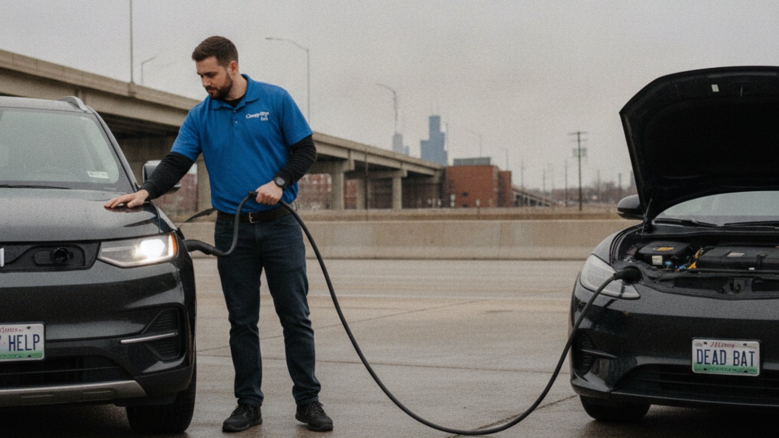 Two electric cars parked on a roadside shoulder with a charging cable stretched between them