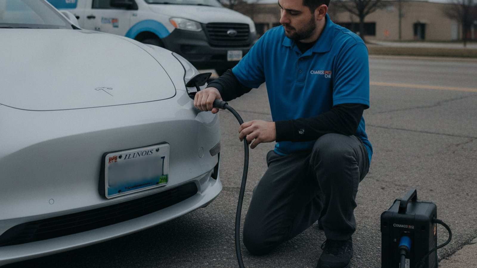 Close-up of a 240-volt outlet on a truck bed wall with a charging cable plugged in