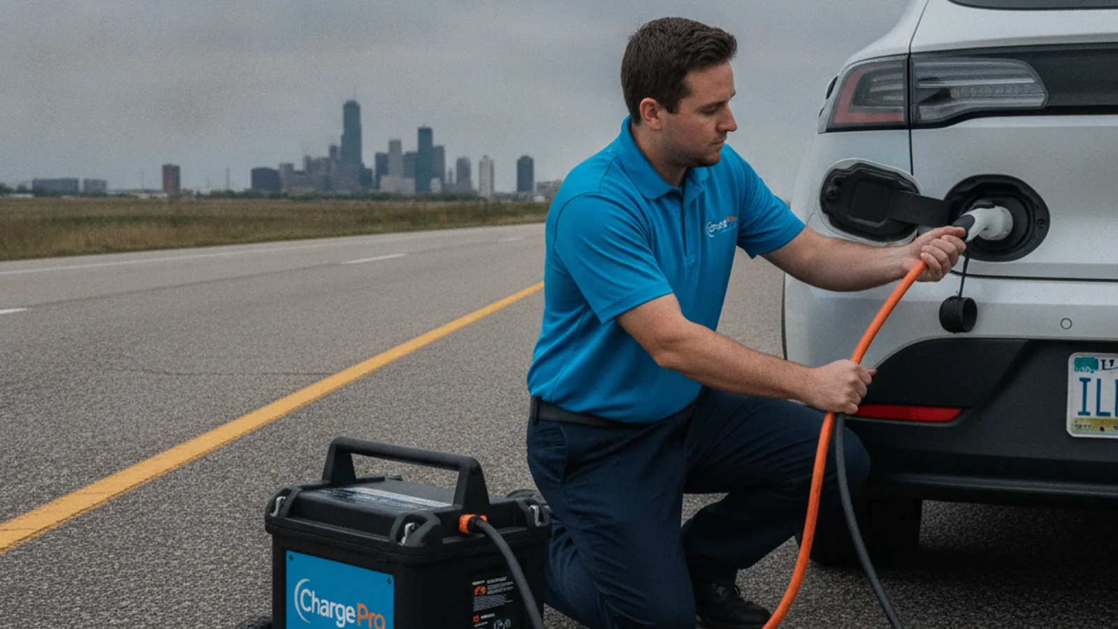 A roadside technician checking an unresponsive electric car on a paved lot