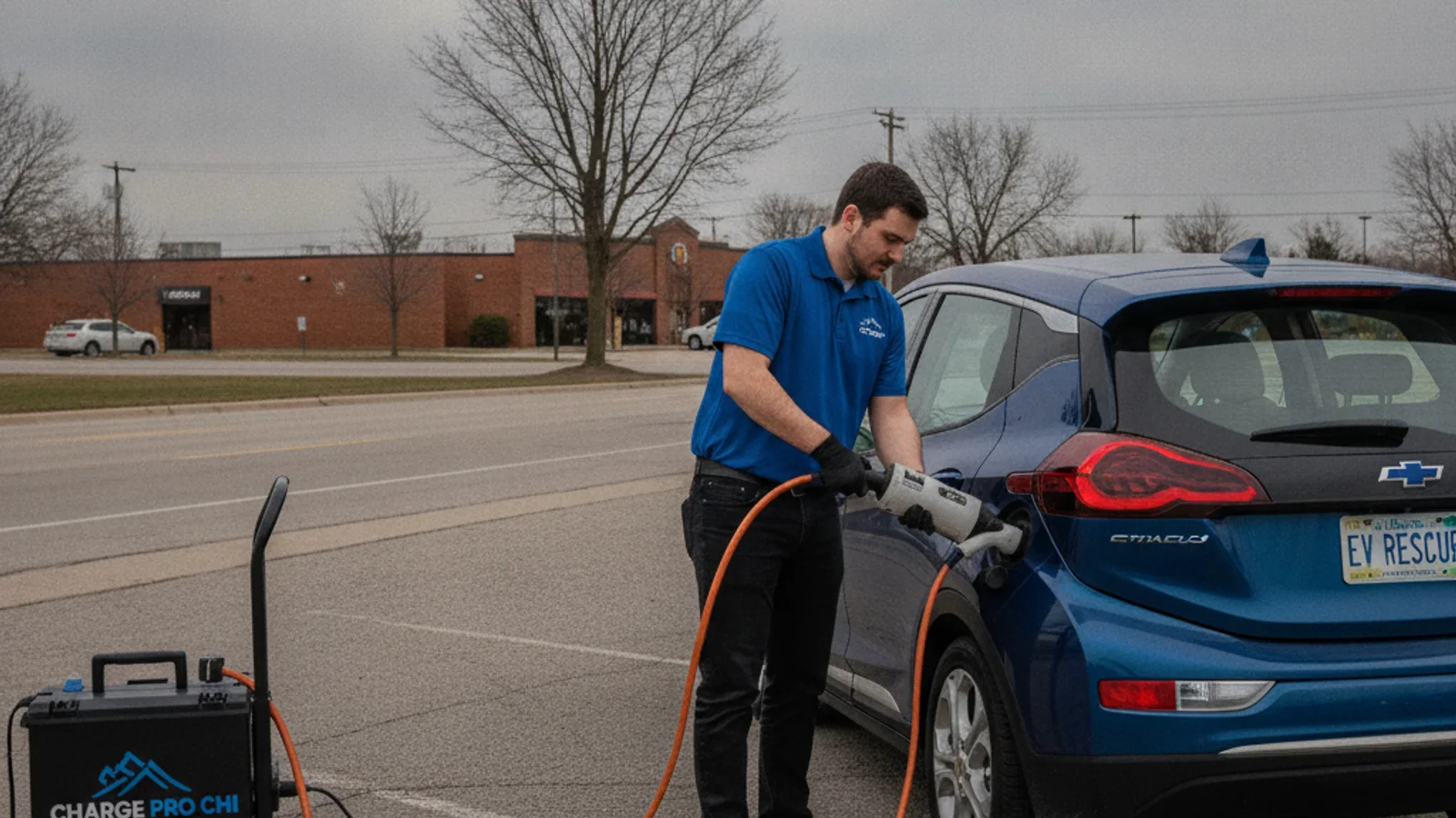 Driver checking a Chevy Bolt screen that is not charging at a public stall