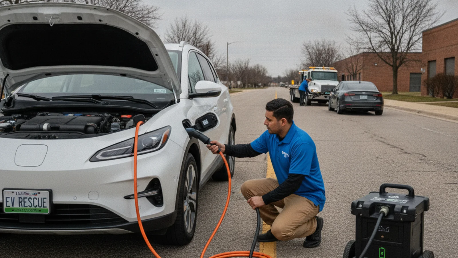 Stranded electric car parked off the travel lane while a driver checks the dash