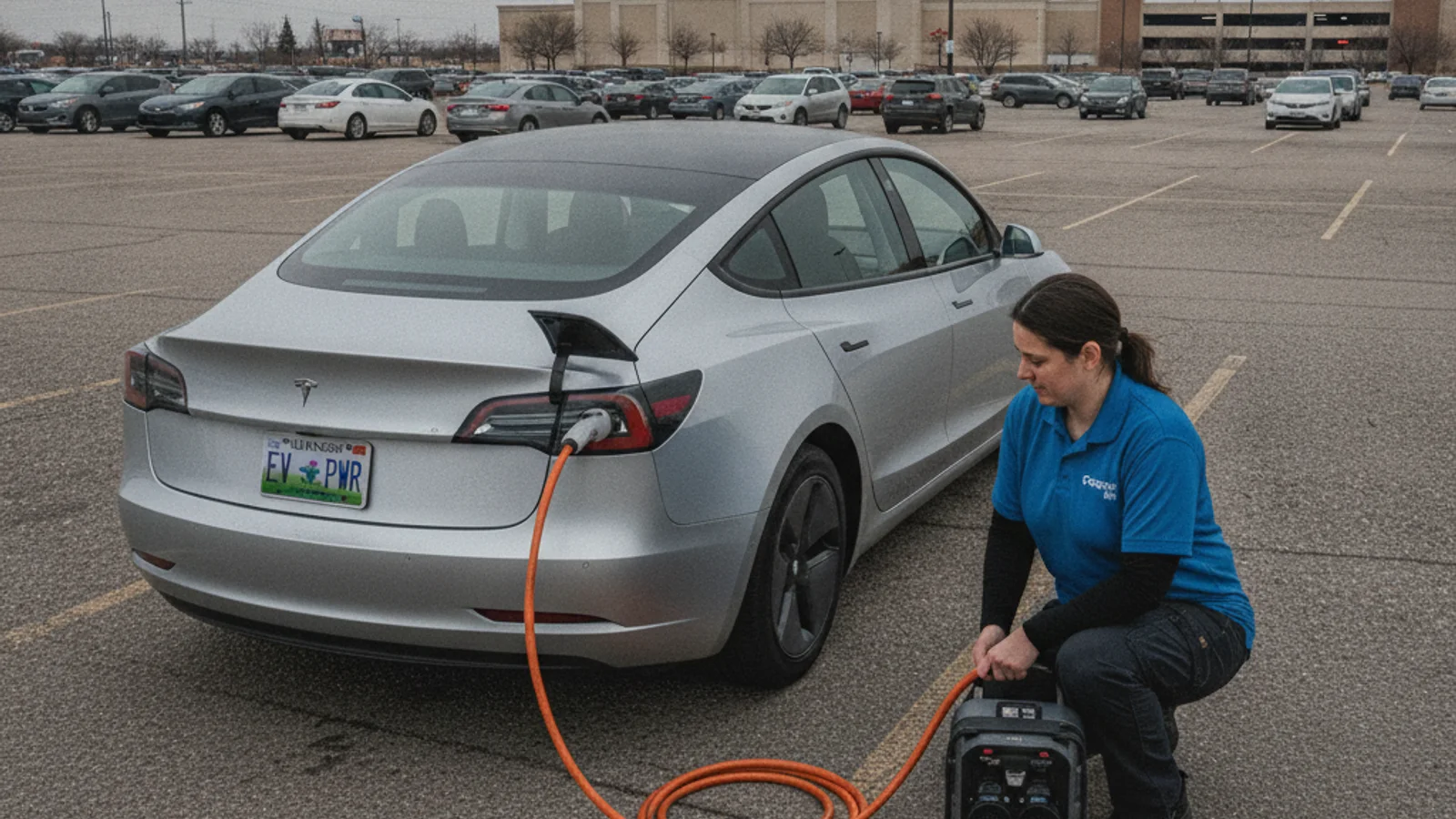 An EV parked in a Tinley Park lot in late evening with no lights on