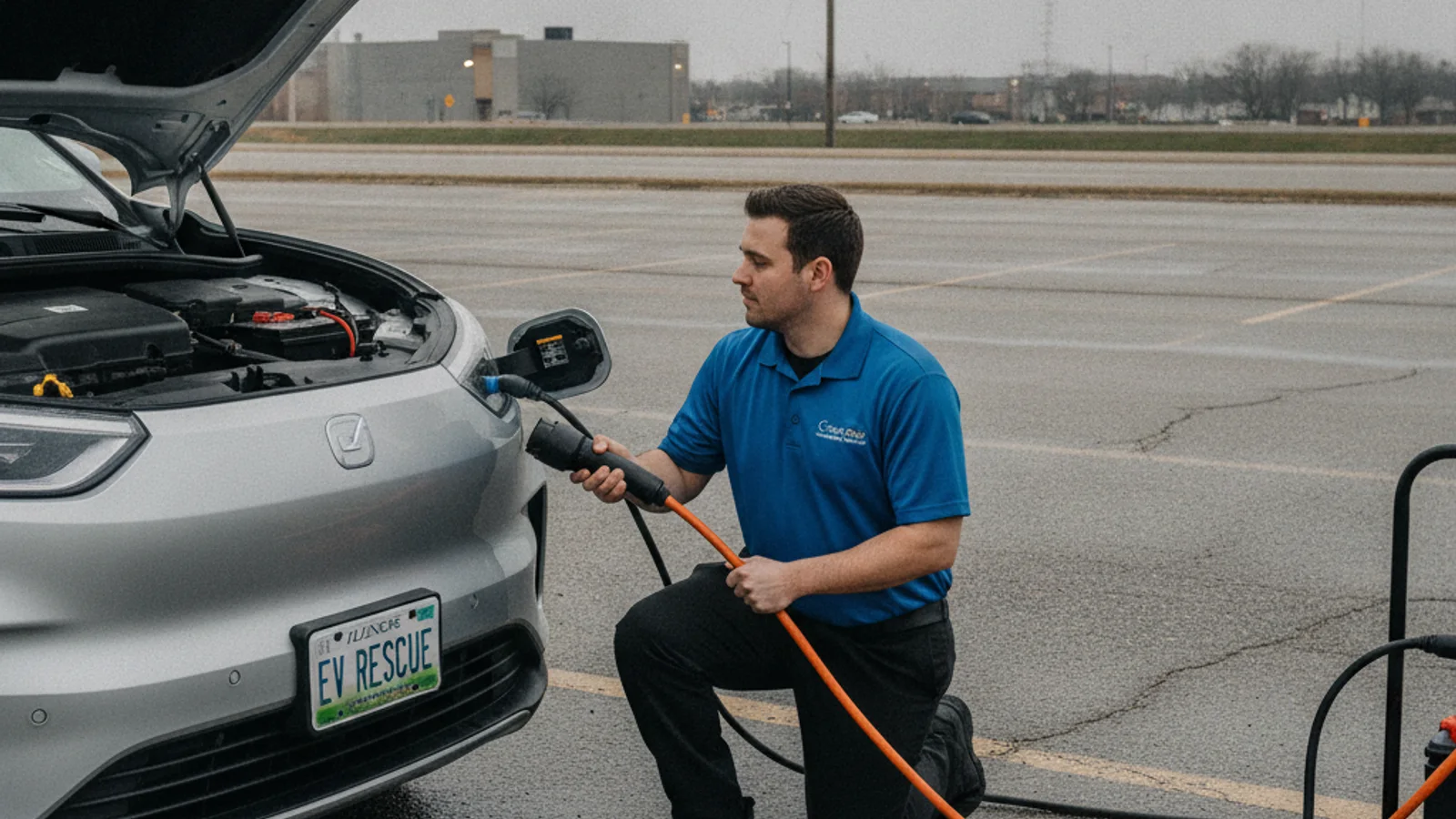 Parked electric car with a dark dashboard after jumper cables were removed