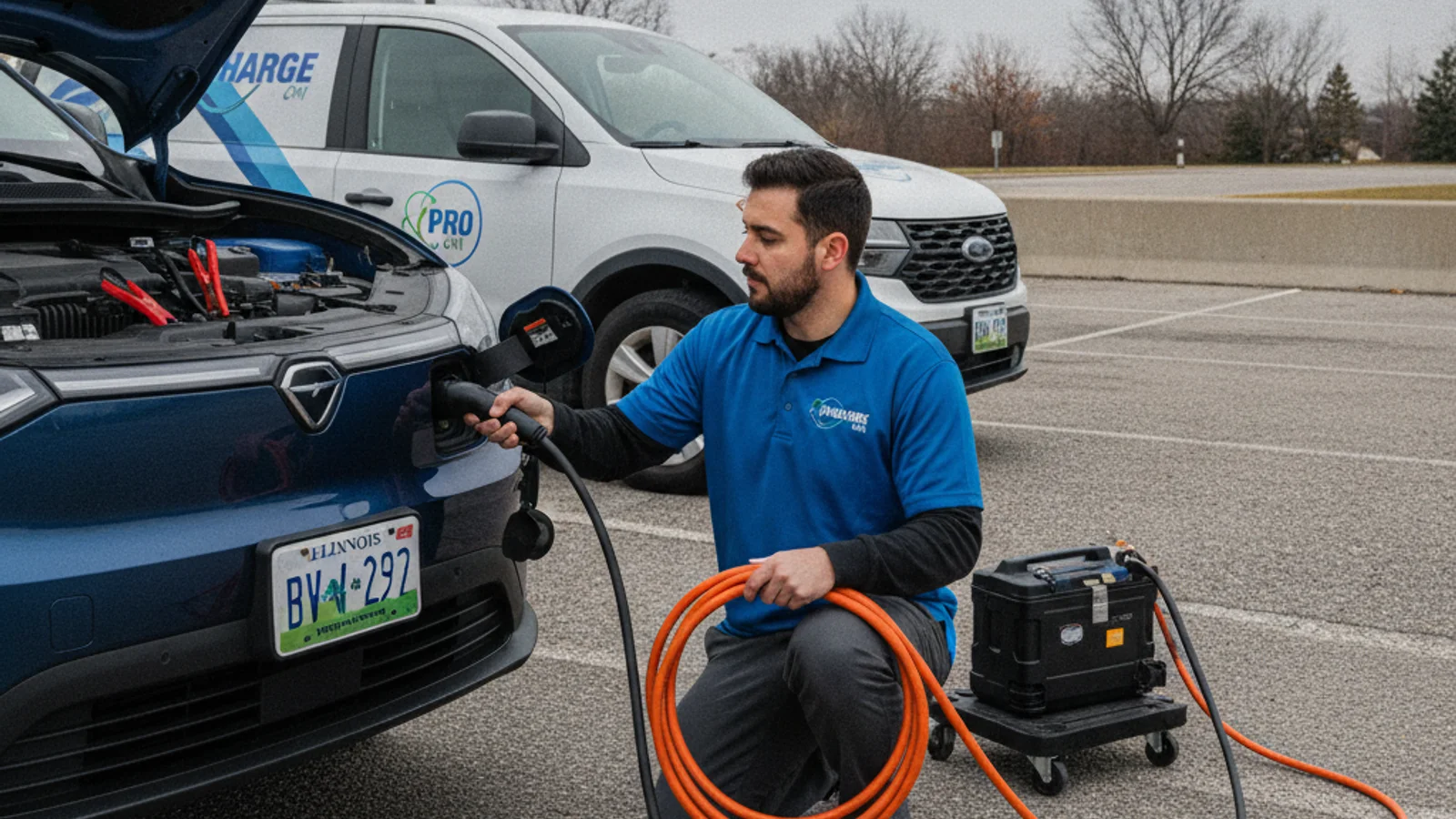 Gloved hands disconnecting terminals on a 12-volt battery in an electric car's front trunk