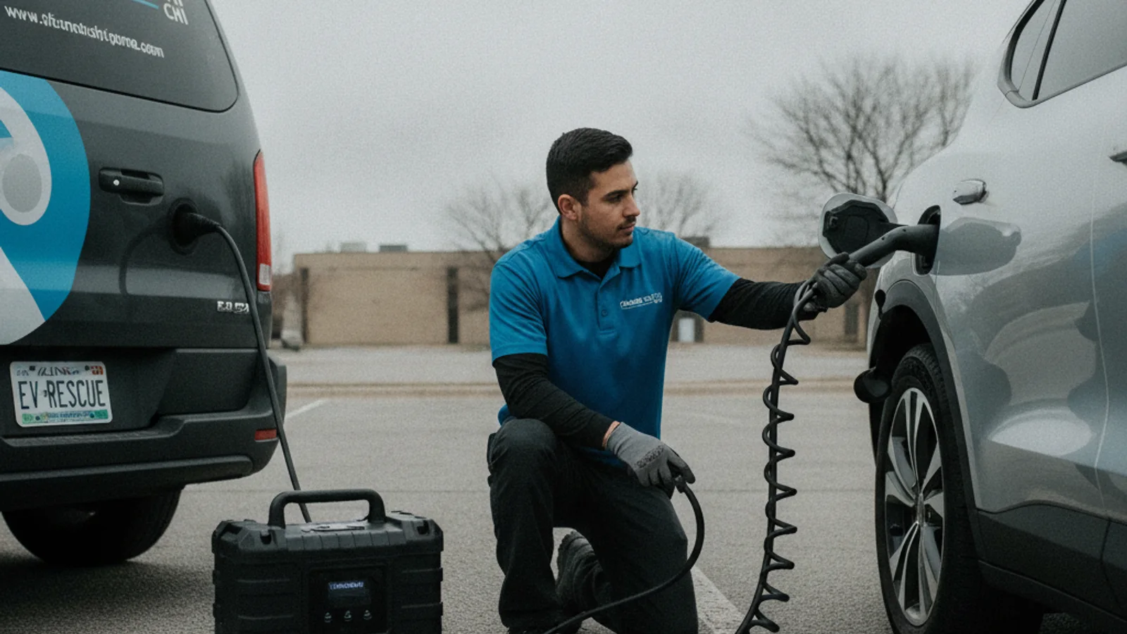 A charging cable plugged into an EV port beside a roadside rescue truck