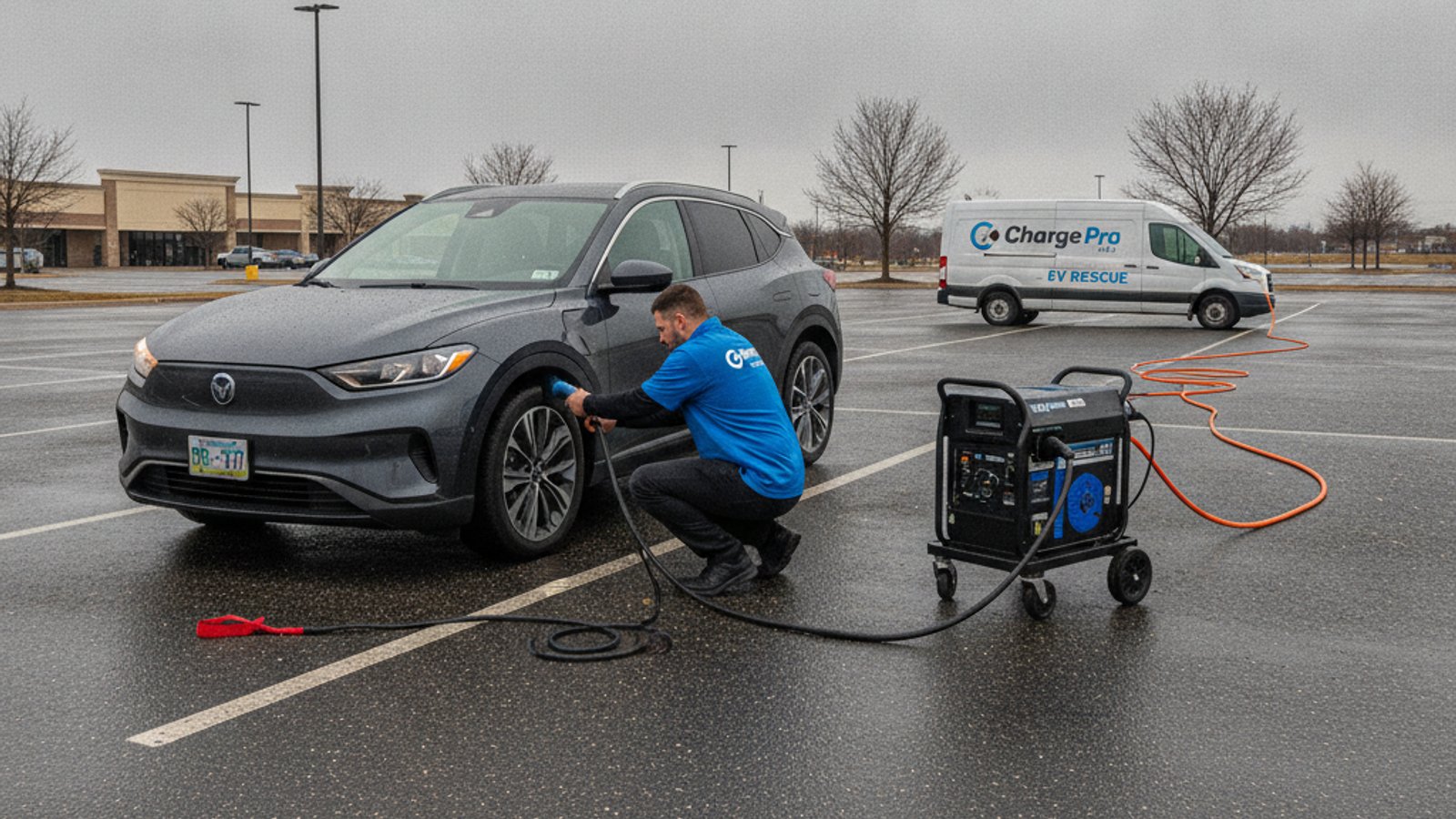 A dark electric car sitting in a wide parking lot after a long visit, with no cabin lights on