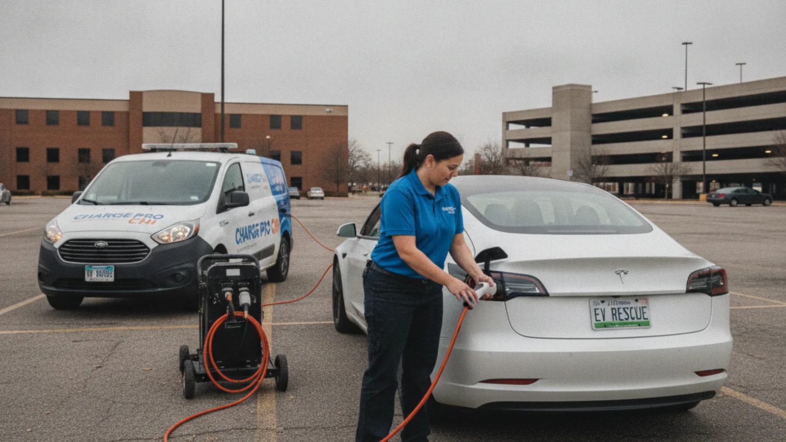 An EV parked in a large suburban mall lot at dusk with shoppers walking in the distance