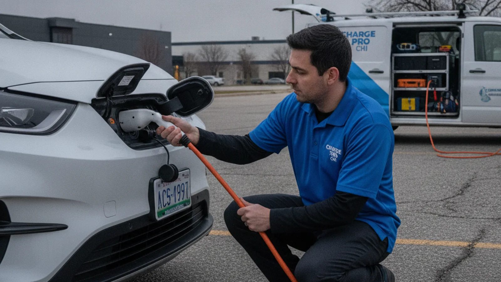 A driver checks a charging session status screen on a public EV charging kiosk in a parking lot