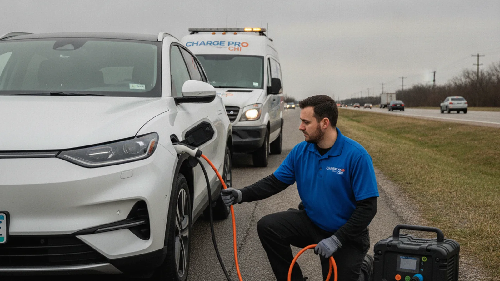 Electric car stopped on a highway shoulder with hazard lights on