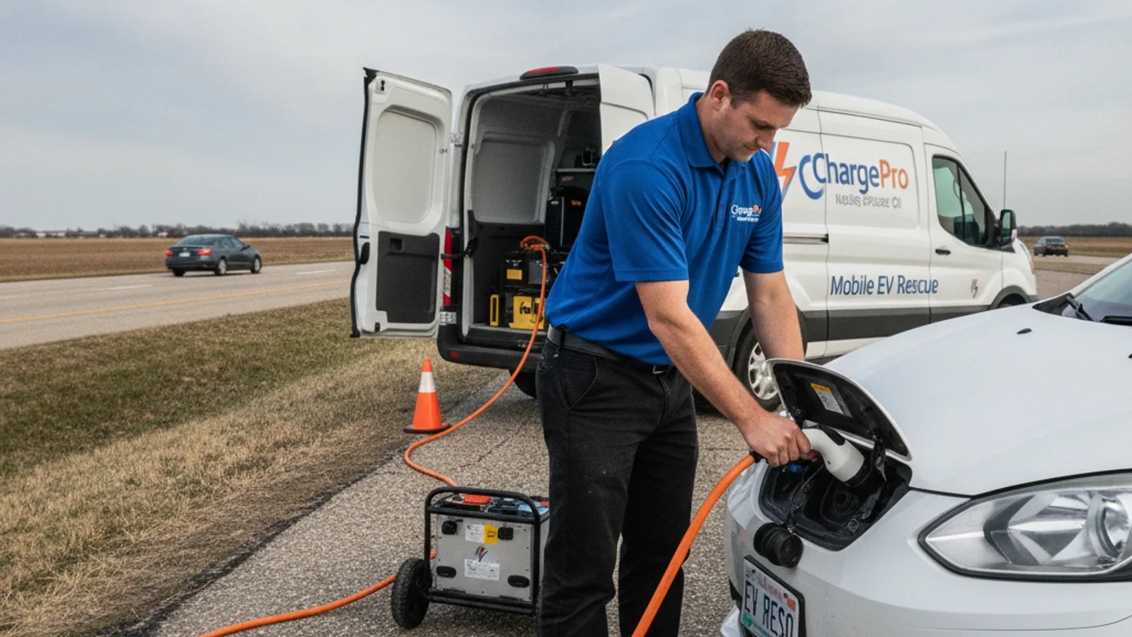 A service van parked behind a delivery EV with a charging cable running toward the car