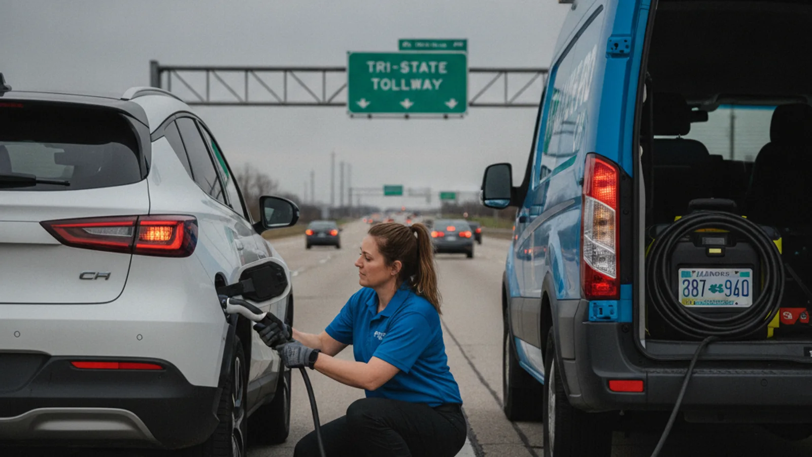 An electric car stopped on a paved highway shoulder as a charging truck approaches from behind