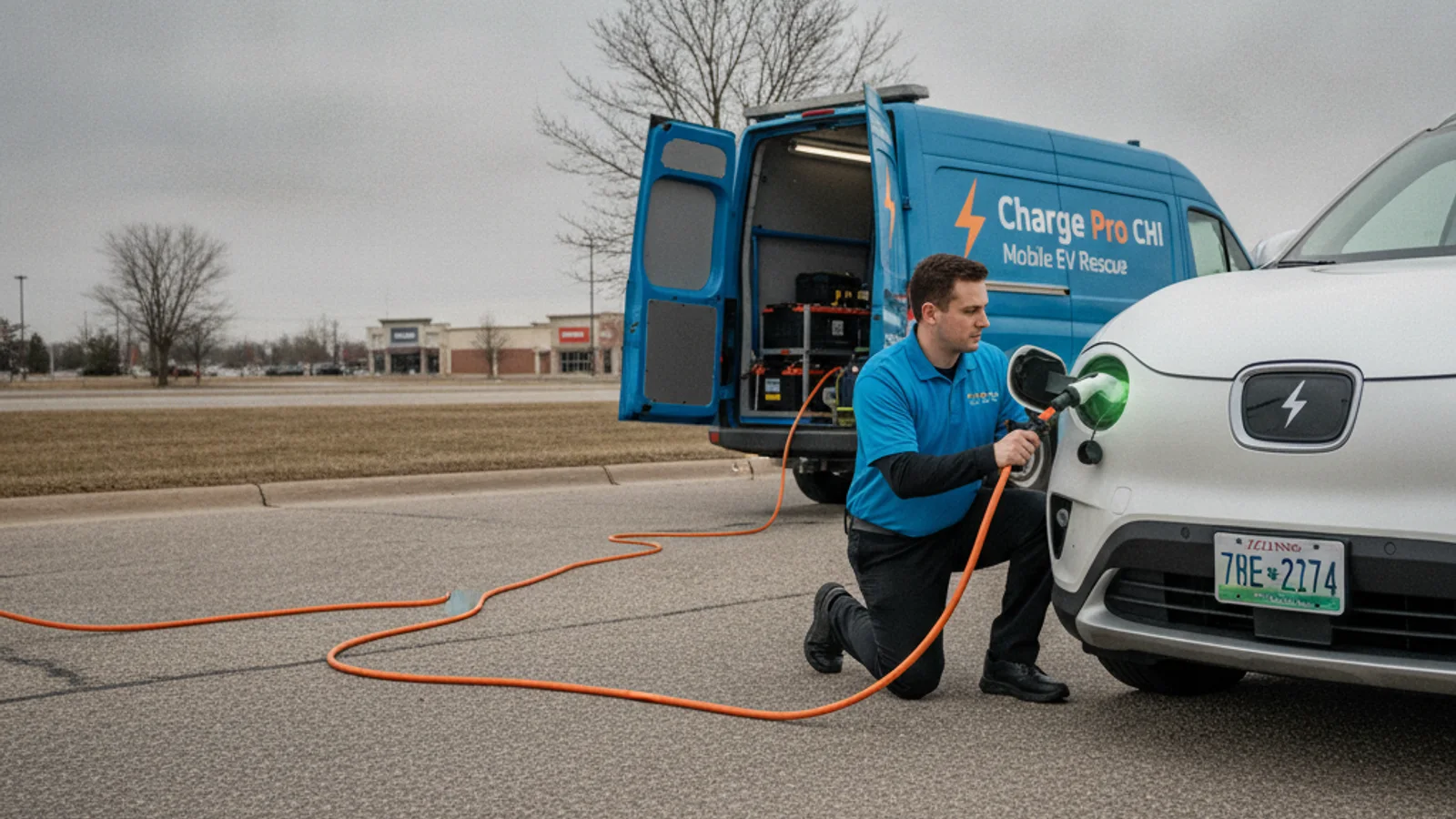 A white van parked behind a stalled sedan on a paved shoulder with a charging cable connected
