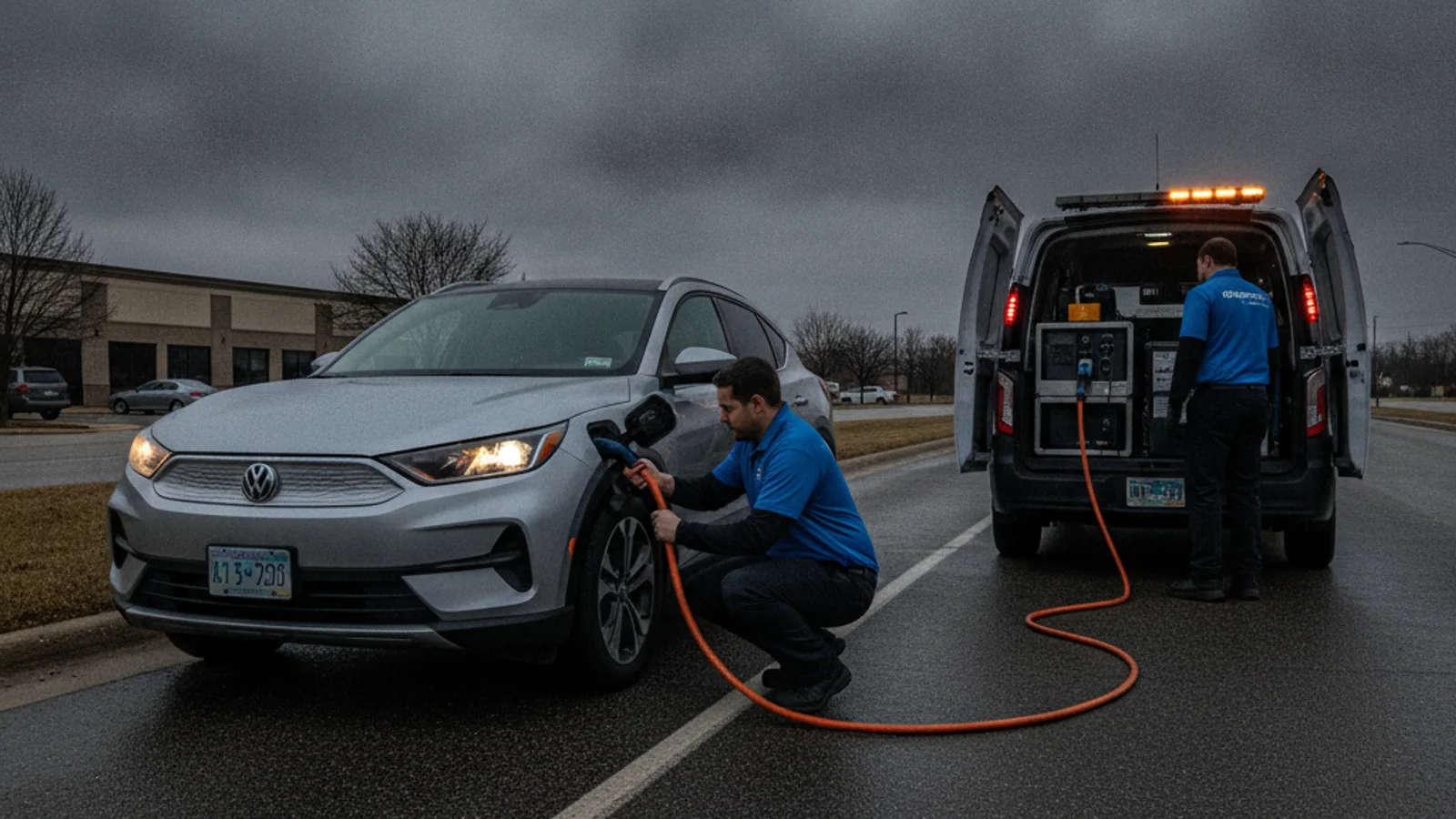 An electric car stopped on a paved shoulder with hazard lights on