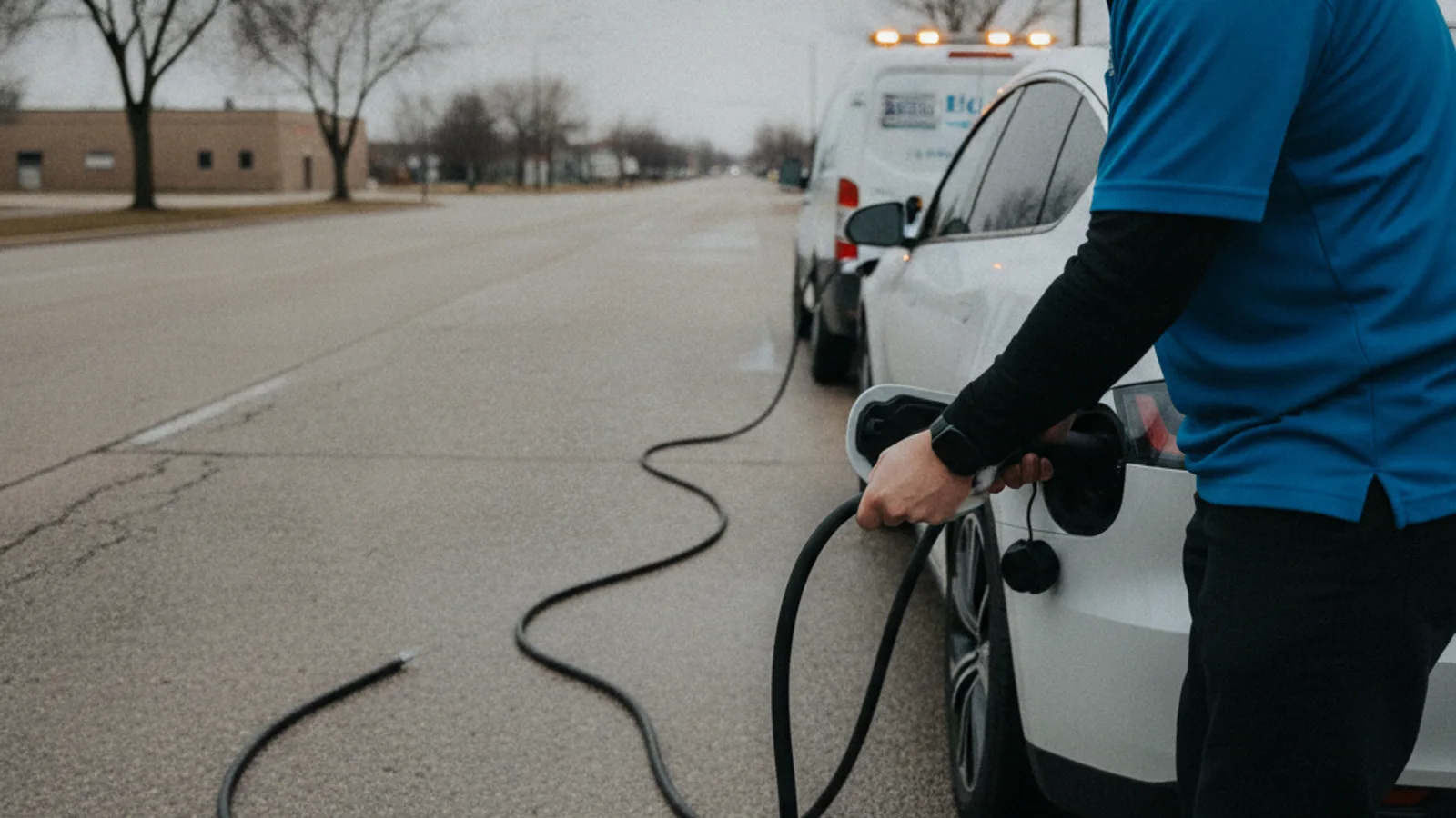 A technician connecting a charging cable to an EV at a curb
