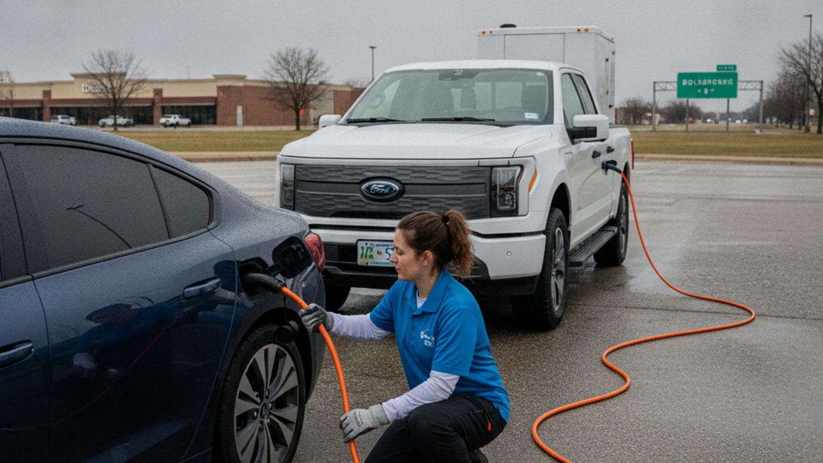 A stalled electric car on a highway shoulder plugged into a mobile charging van