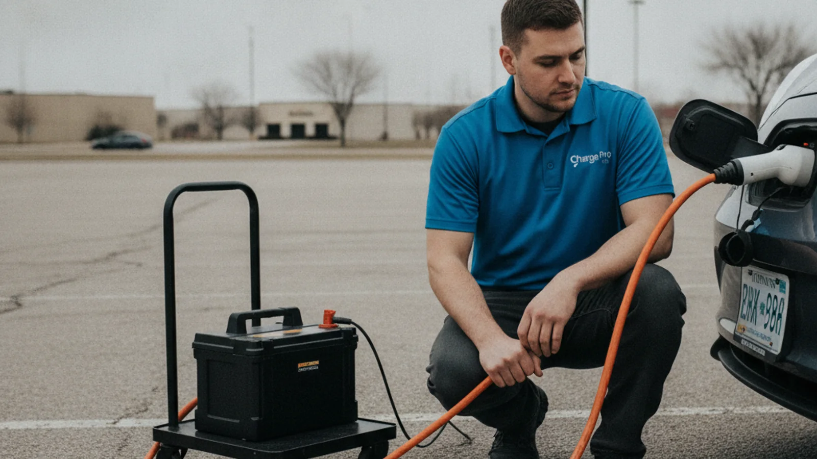 A delivery-style EV in a warehouse parking lot receiving a mobile charge