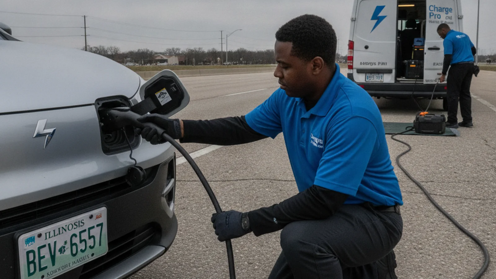 A technician plugging a mobile charging cable into an EV parked along a curb