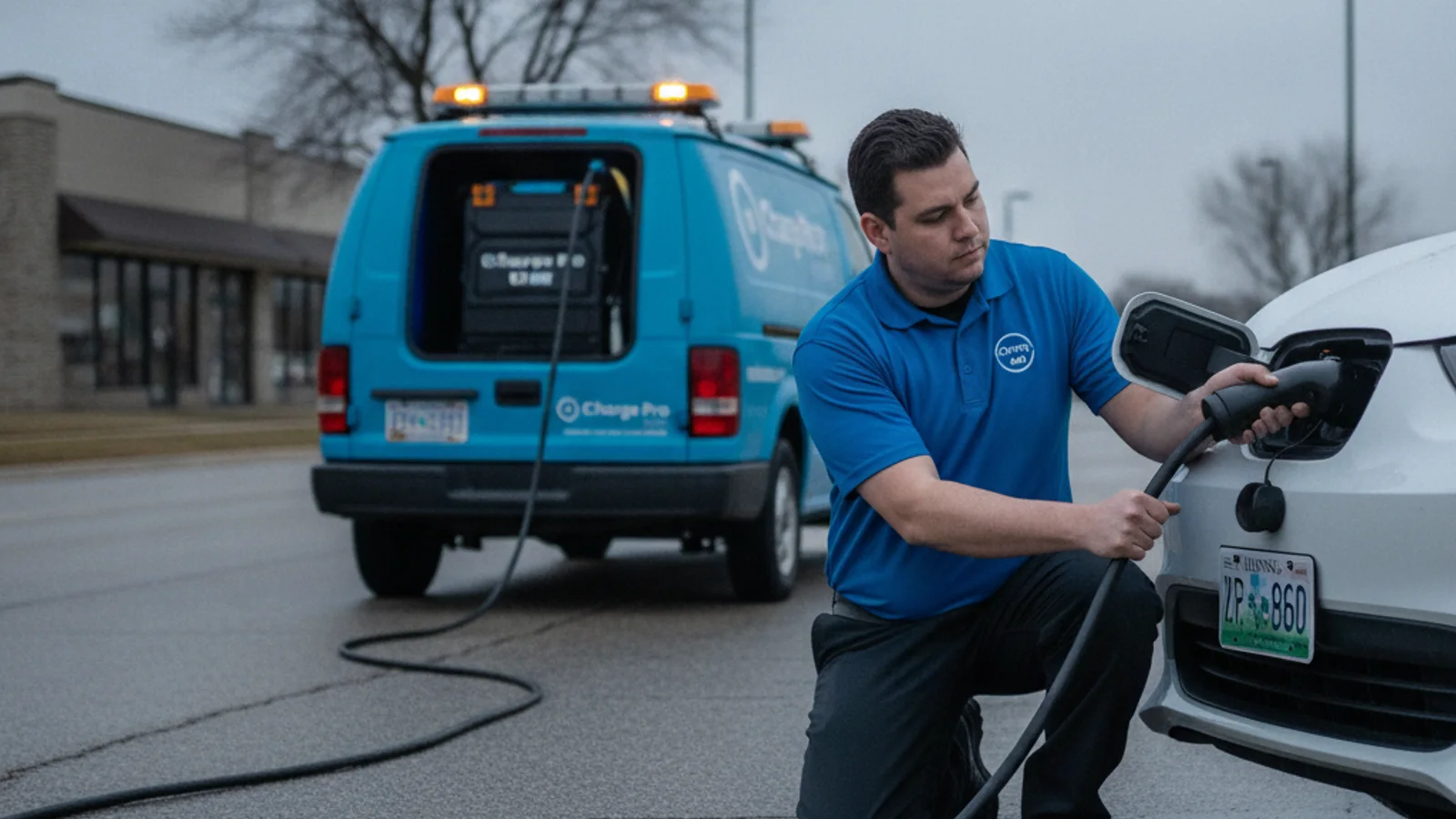 A service van parked at the curb of a west suburbs residential street with charging cables laid out