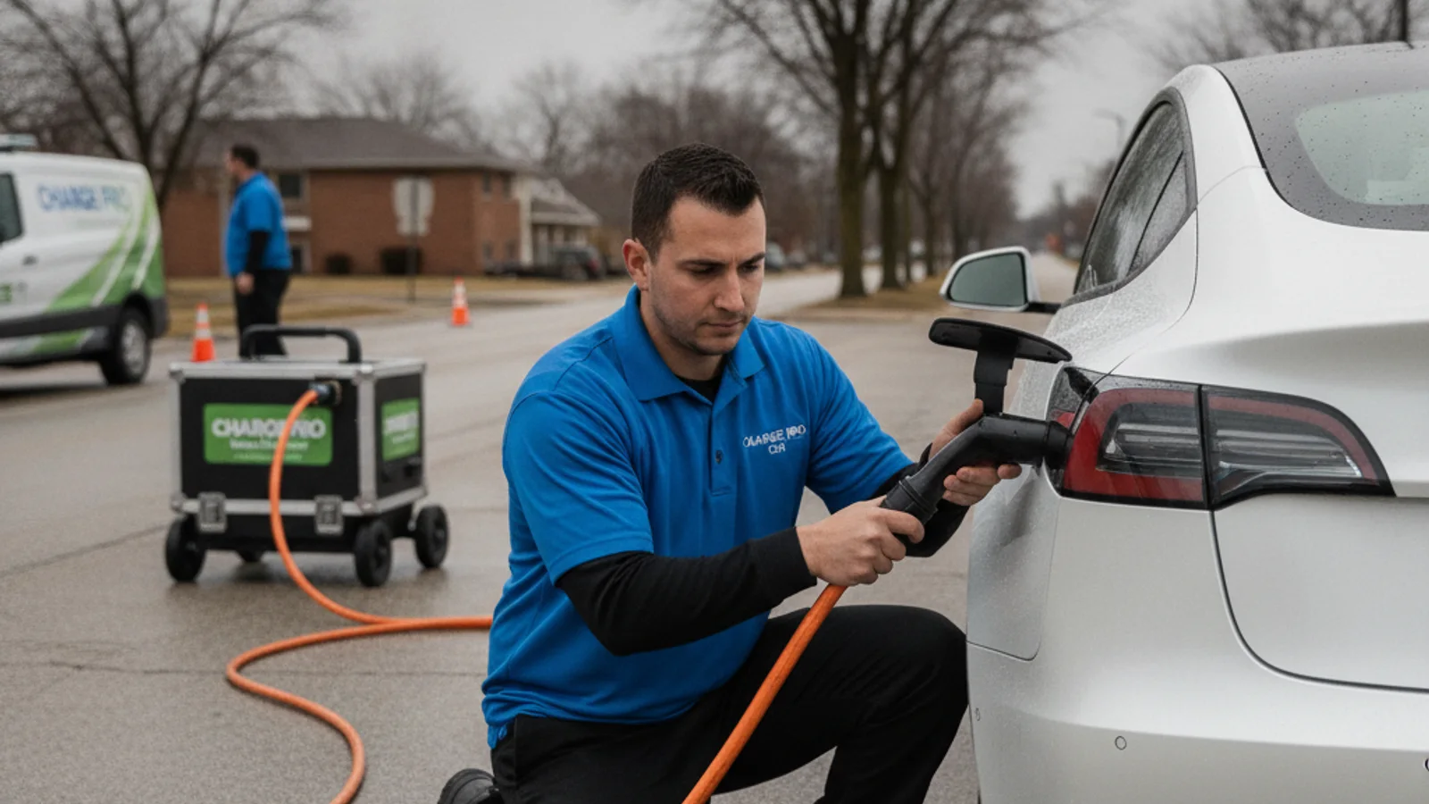 A technician connecting a portable charger cable to a parked EV