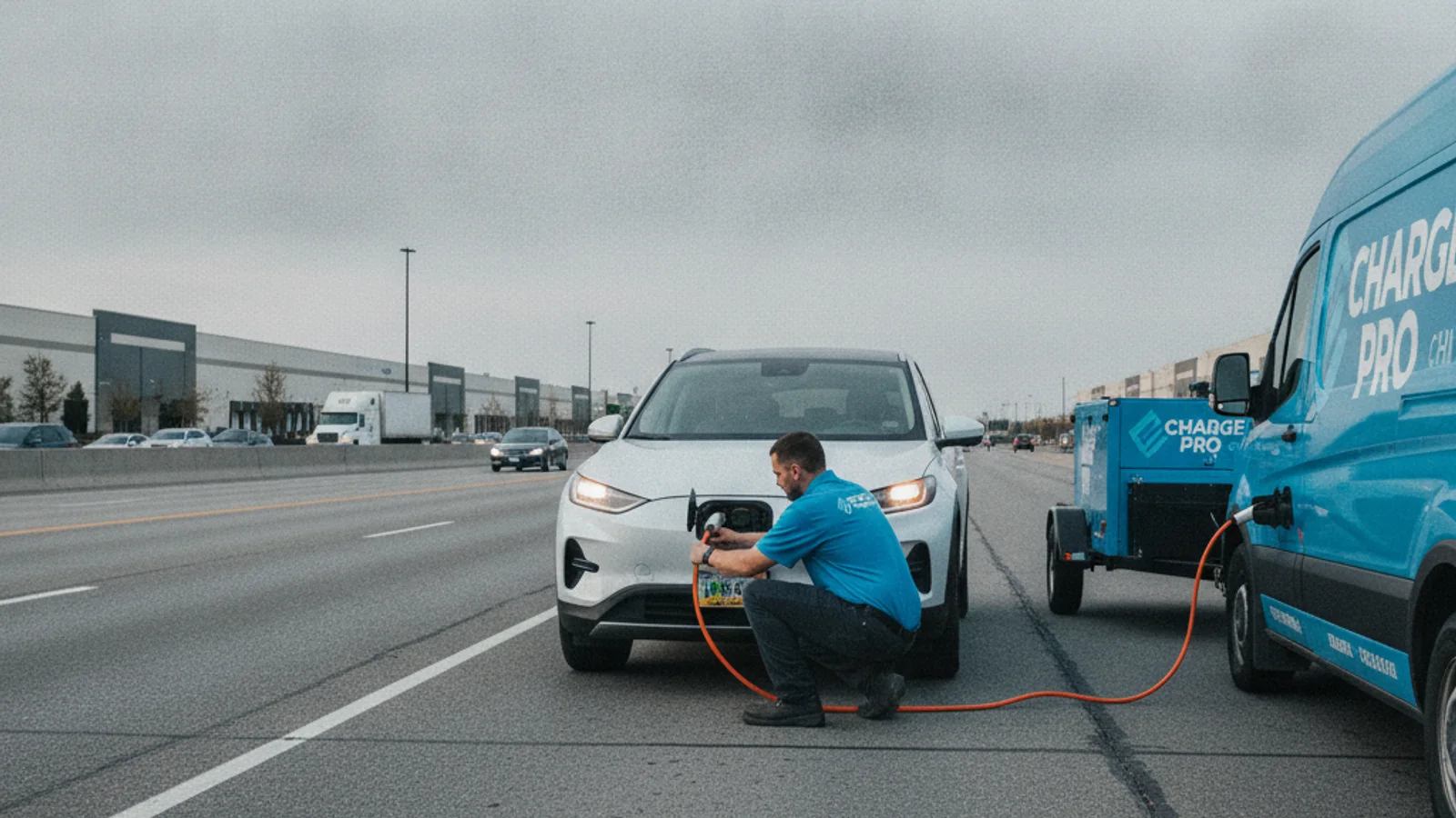 Mobile charging van beside a stalled electric car at night with a cable in the port