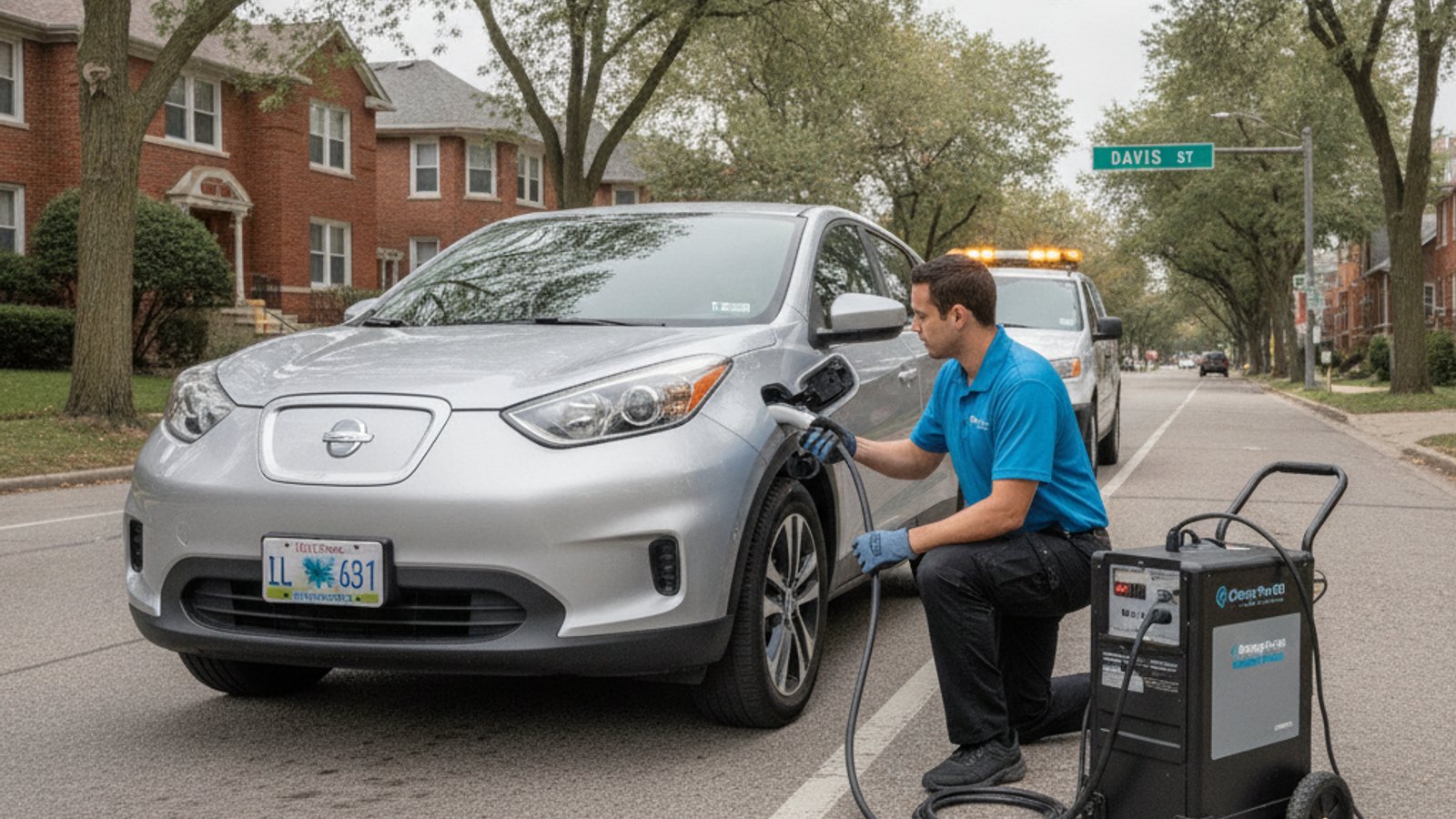 A dark electric car at a curb while someone checks the dashboard lights