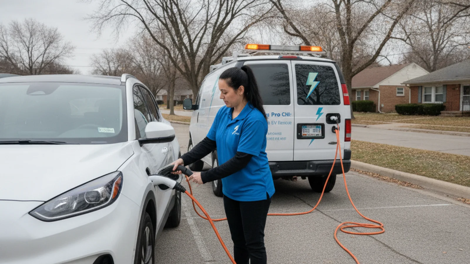 Mobile rescue van parked beside a stalled electric car on a quiet residential street
