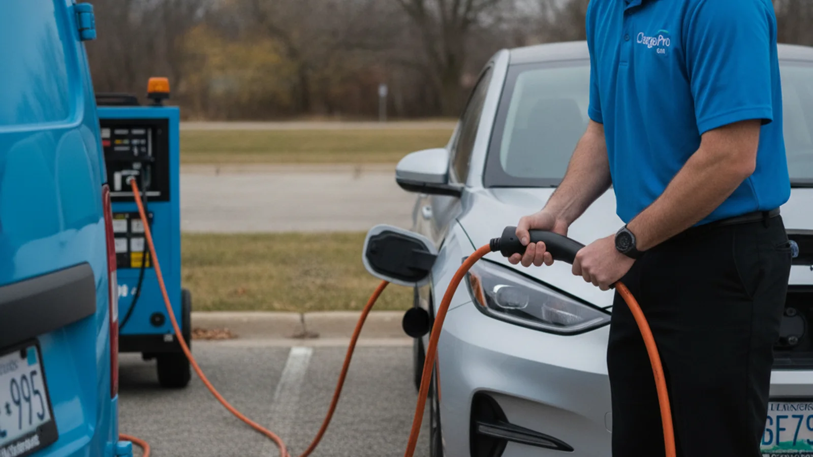 A technician connecting a charging cable to an electric car in a parking lot
