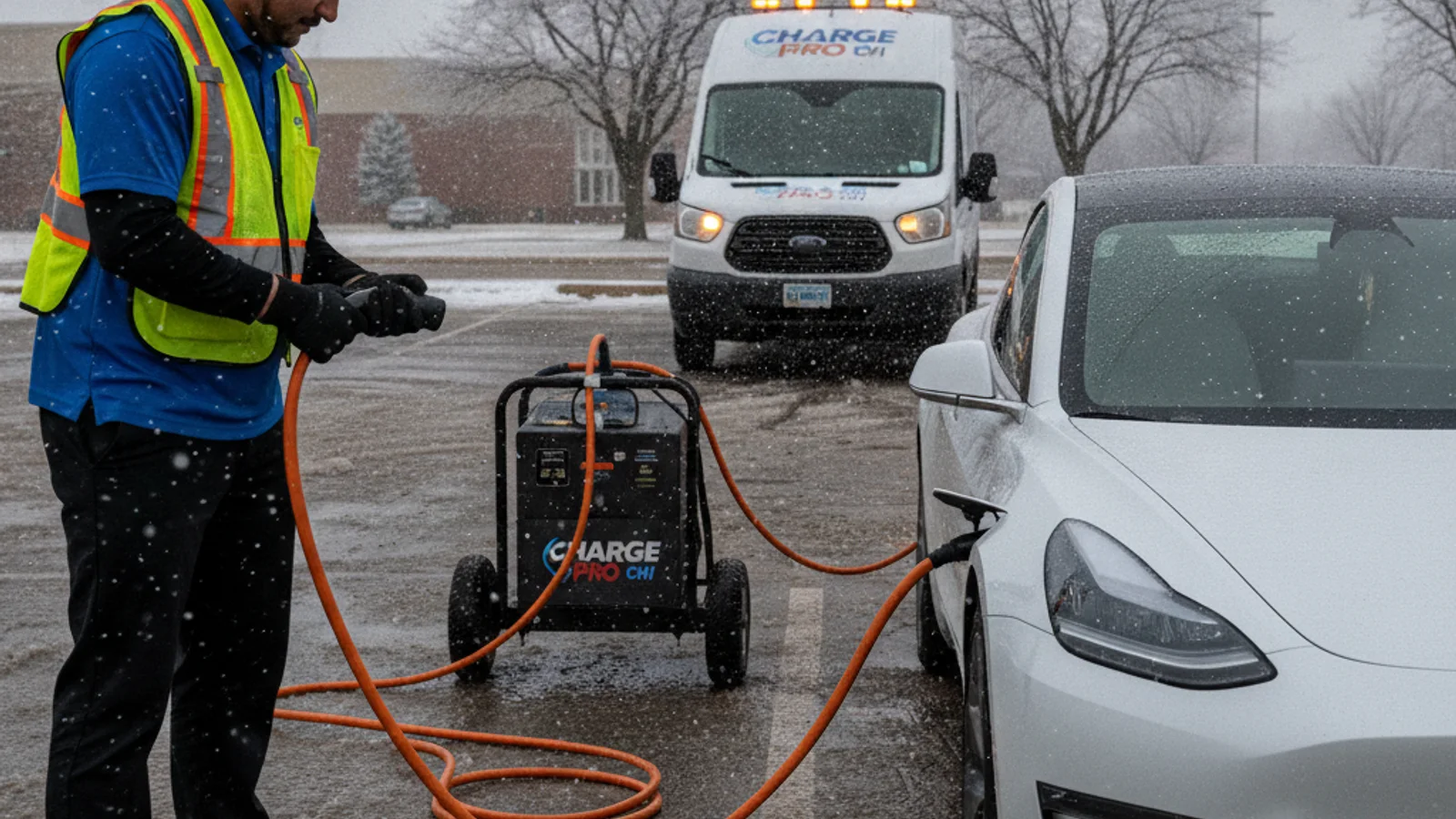 A charging handle seated in an EV port, with a cable running toward a service vehicle