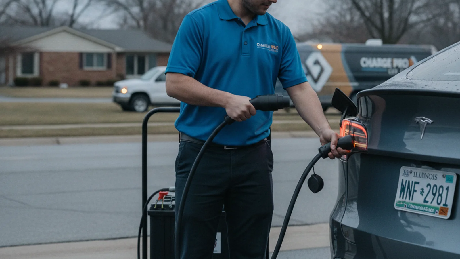 A charging cable plugged into an electric car's charge port at the curb