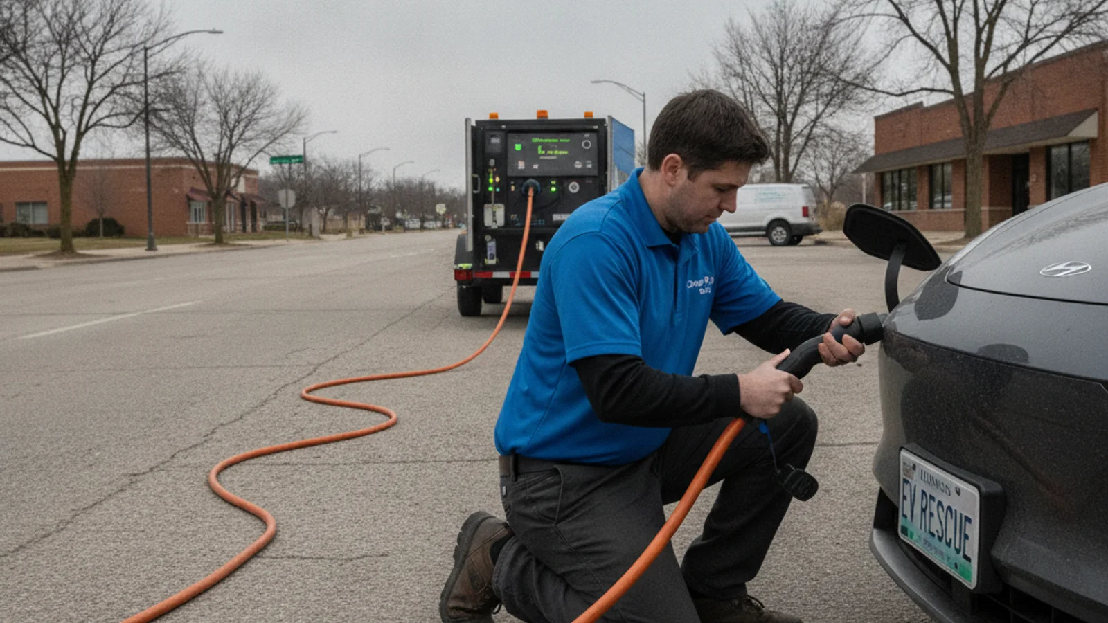 A charging cable running from a service truck to an EV in a leafy suburban driveway