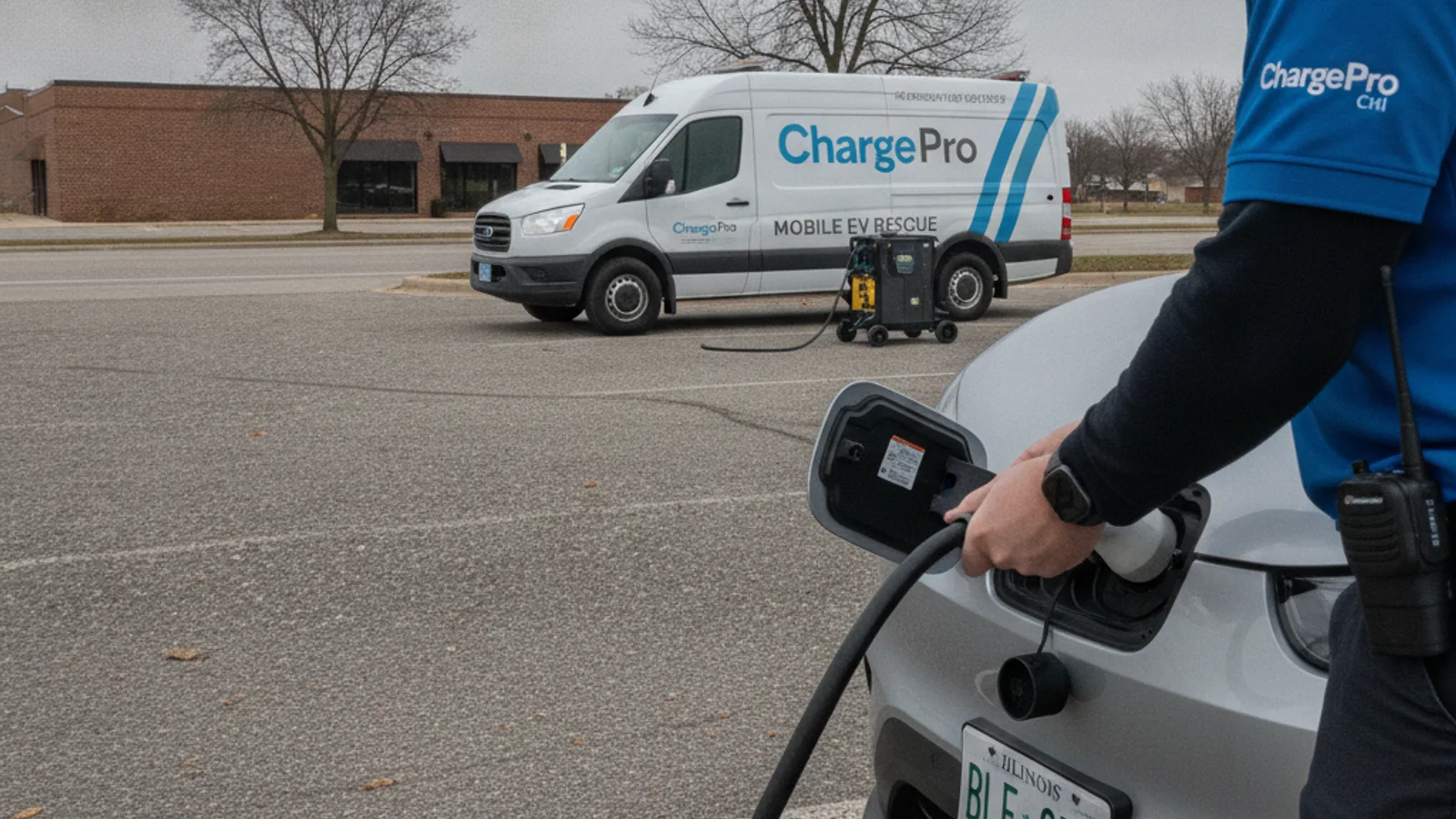 Technician connecting a portable charger cable to an electric SUV in a driveway