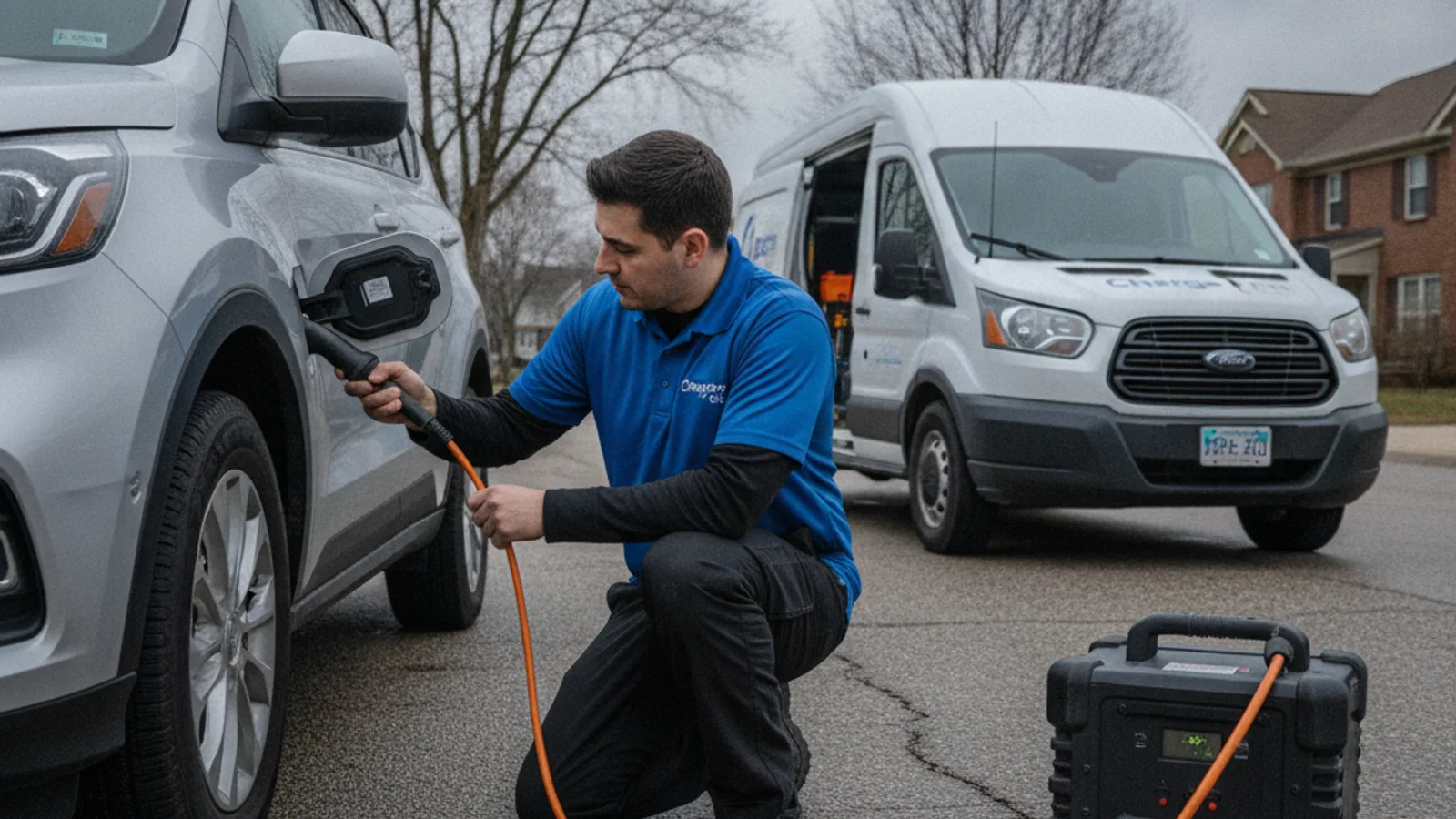 Technician plugging a charging connector into an electric car charge port