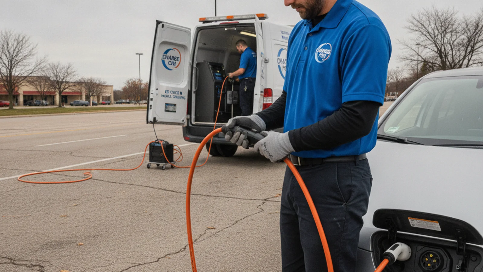 Service van parked behind an electric car with a charging cable connected