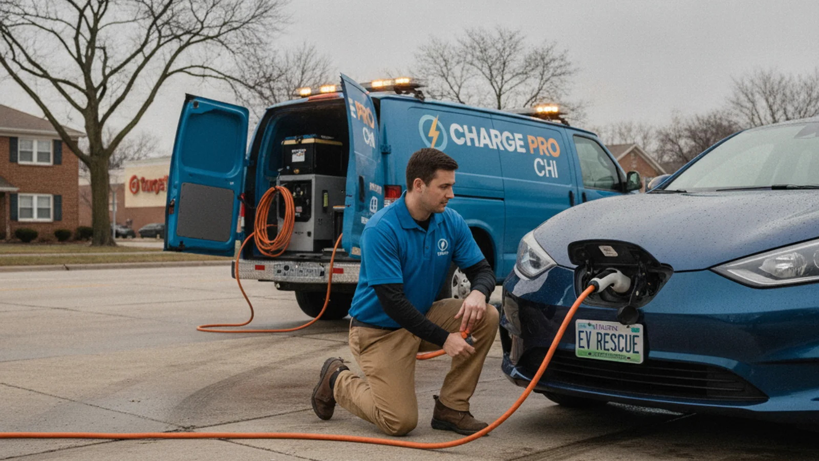A mobile rescue van parked beside a stalled electric car on a paved shoulder