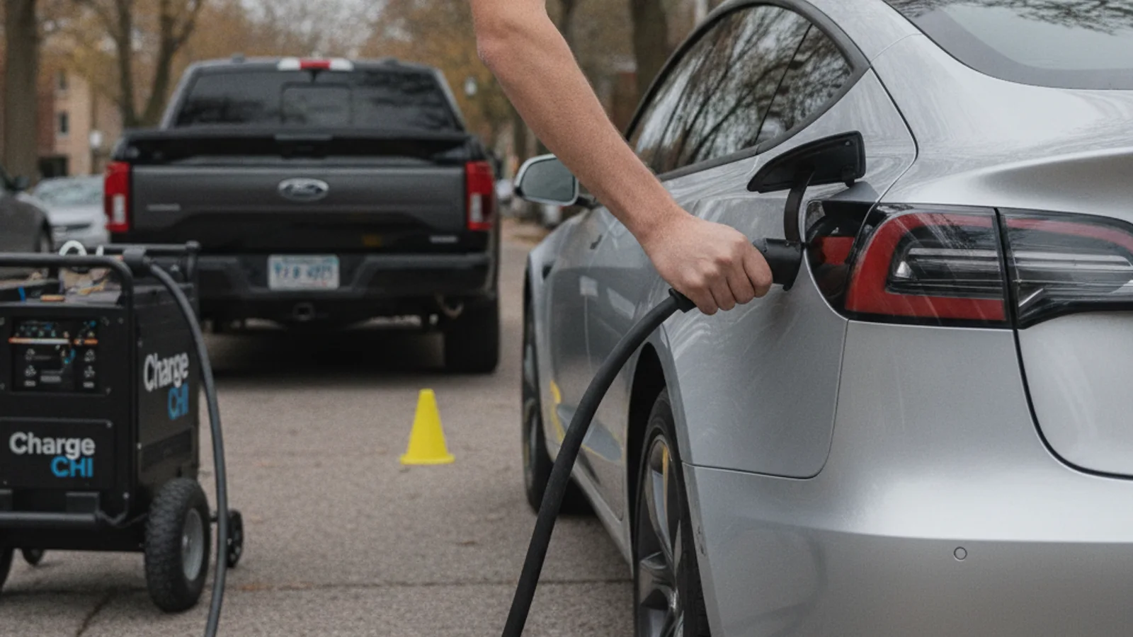 Technician kneeling to plug a portable charger into a compact electric car at the curb