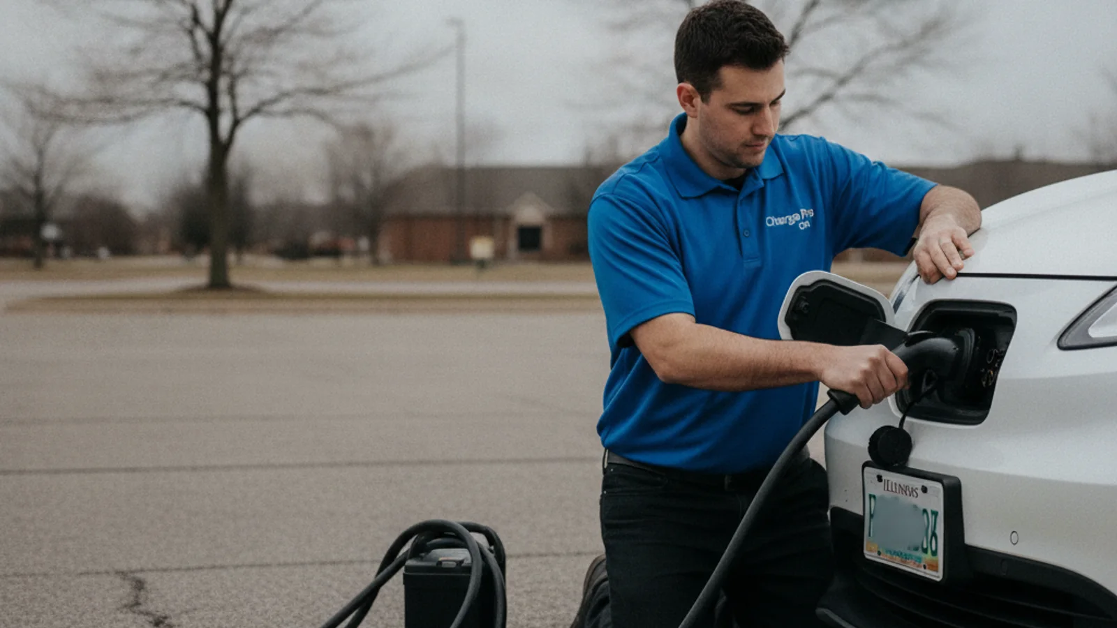 Technician connecting a charging cable to an electric car in a parking lot