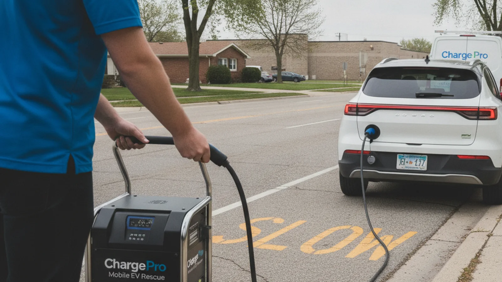 An electric car stopped on a paved shoulder while a person stands beside the driver's door