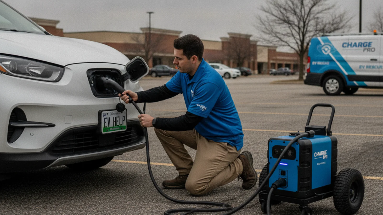 A technician connecting a portable charger cable to an electric car in a parking lot