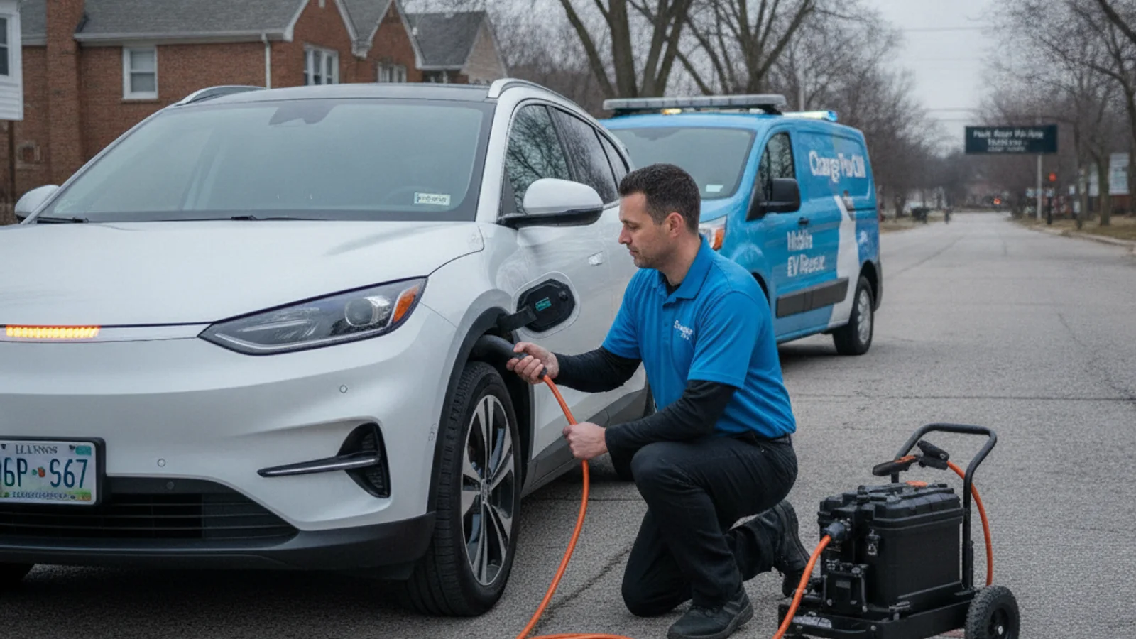 A service van parked behind a dark electric car on a residential street, with a charging cable on the pavement