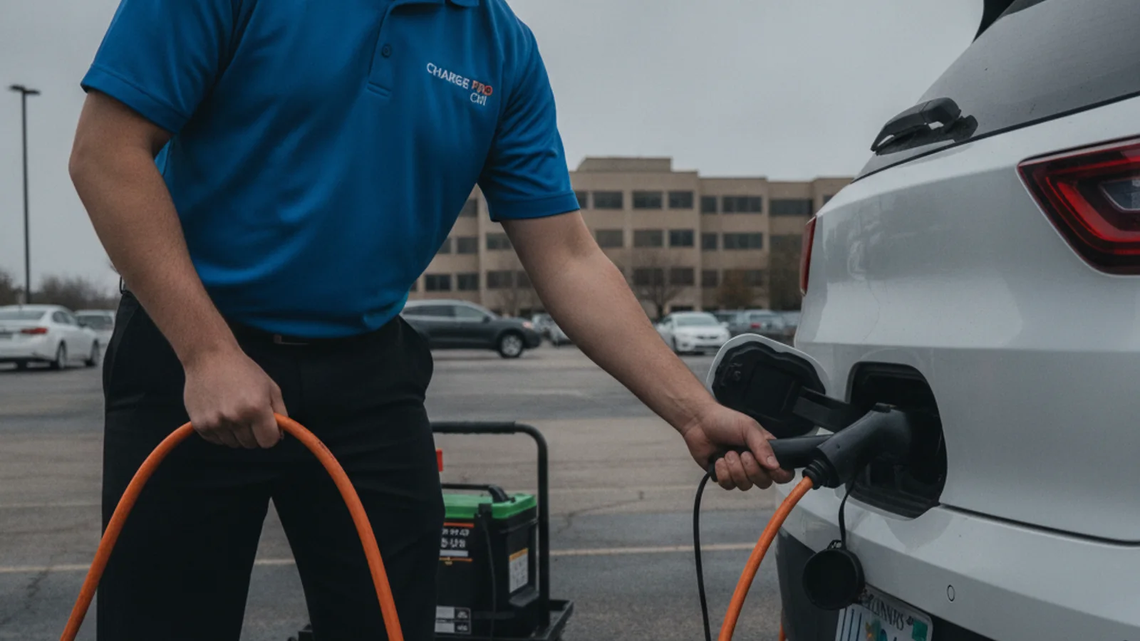 A technician plugging a charging cable into a parked electric vehicle