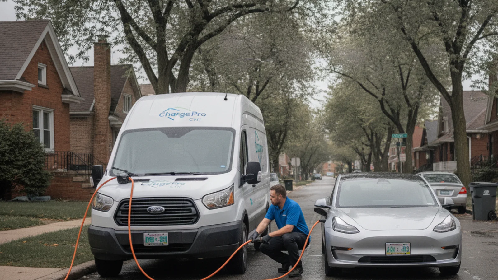 White electric sedan at a residential curb with a mobile rescue van stopped behind it