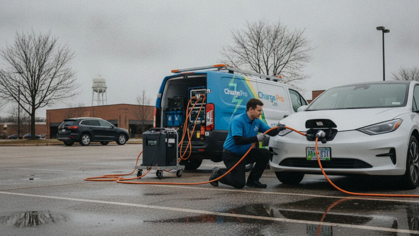 A technician kneels beside a stopped Hyundai Ioniq 5 on a road shoulder, connecting a cable from a mobile charging truck parked behind