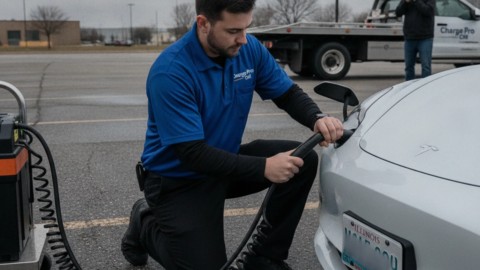 Charging cable plugged into an EV port next to a roadside rescue van