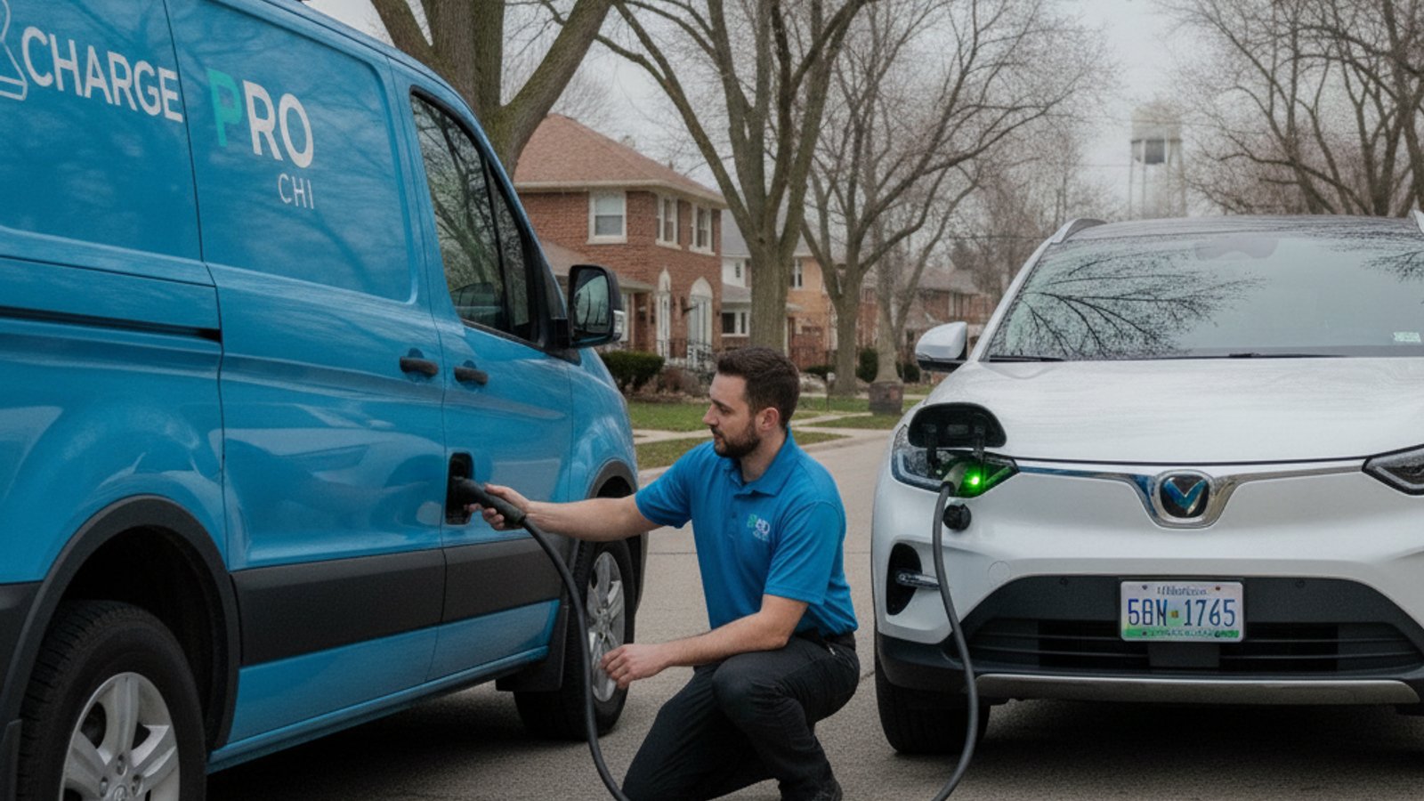 A dark electric car stopped on a paved shoulder with someone standing by the closed charge port